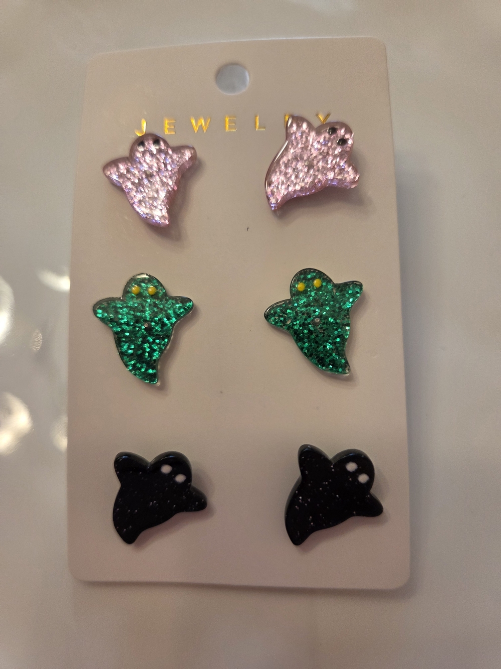 Glittery Ghost Stud Earrings - Pink, Green, Black
